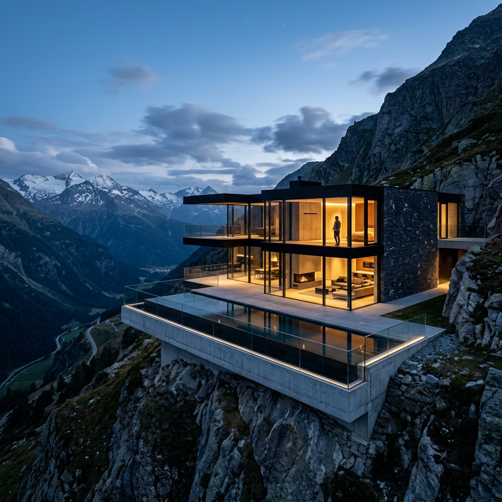 Breathtaking architectural photography of a modern luxury glass villa perched on a cliff in the Swiss Alps, symbolizing ultimate prestige, bespoke design, and structural precision.